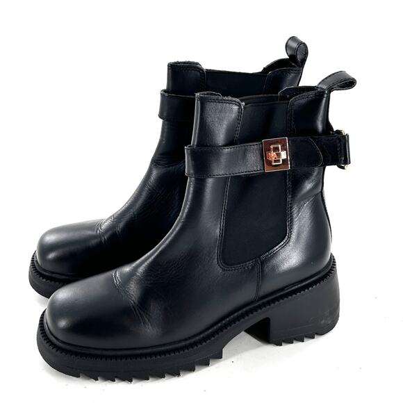 Steve Madden Gates Boots 8.5 Black NWOT Leather Buckle Chelsea Booties Lug - Picture 4 of 10